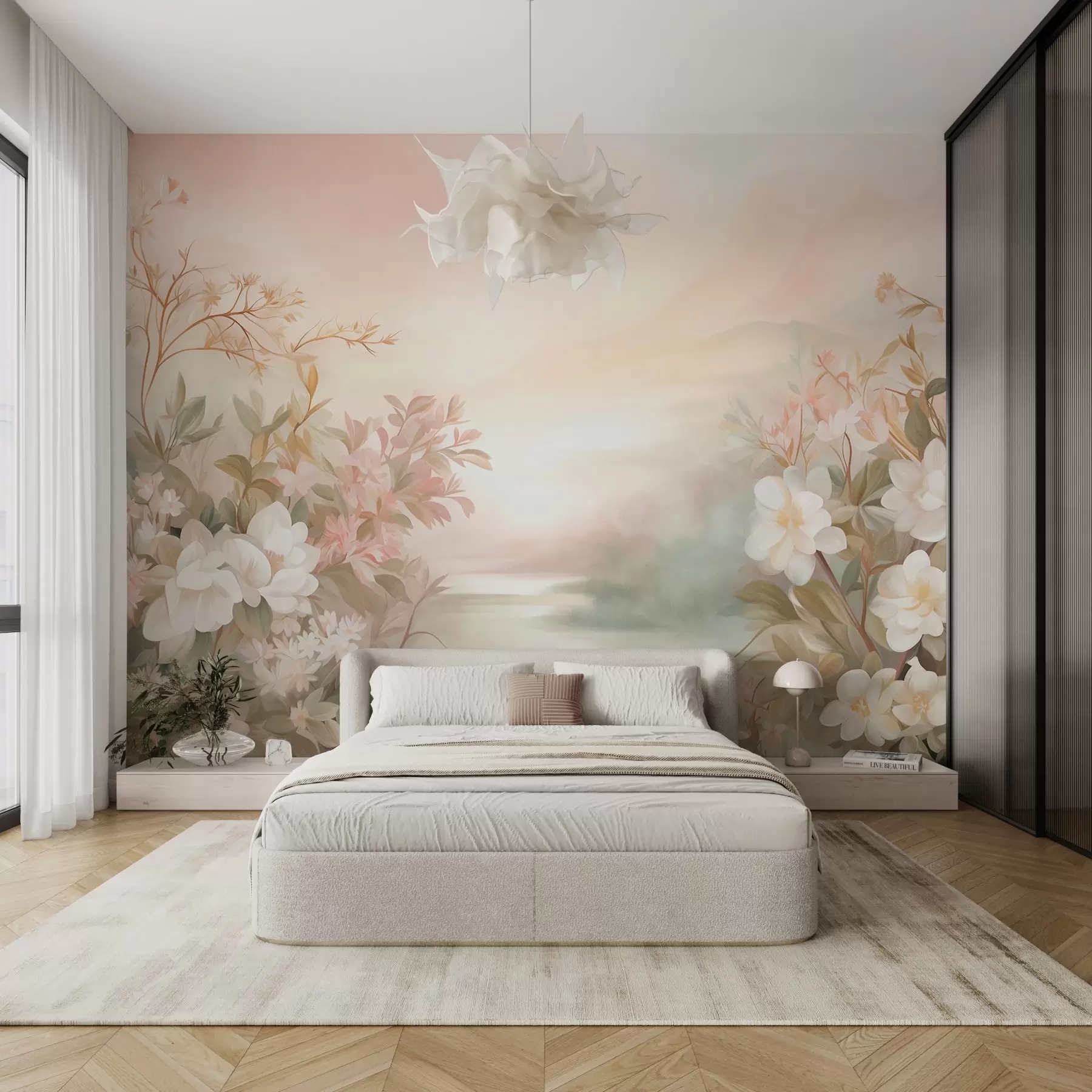 Fototapete Eine Landschaft mit einem Fluss, umgeben von Blumen und Pflanzen, sanften Farben, rosa Himmel, Aquarell-Texturstil w09537