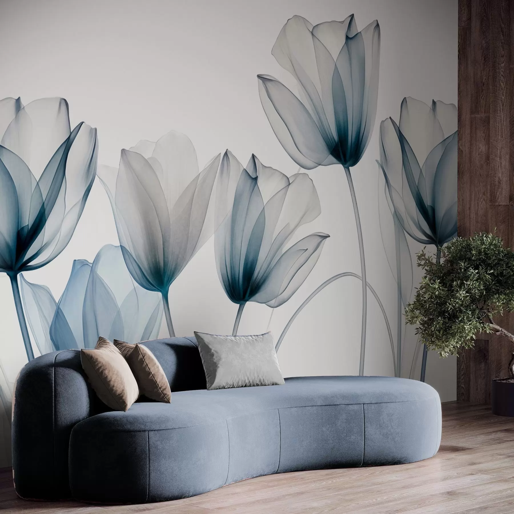 Fototapete Durchscheinende blaue und weiße Tulpenblüten mit langen Stielen vor hellem Hintergrund, zarte und strukturierte Blumenkunst w09538