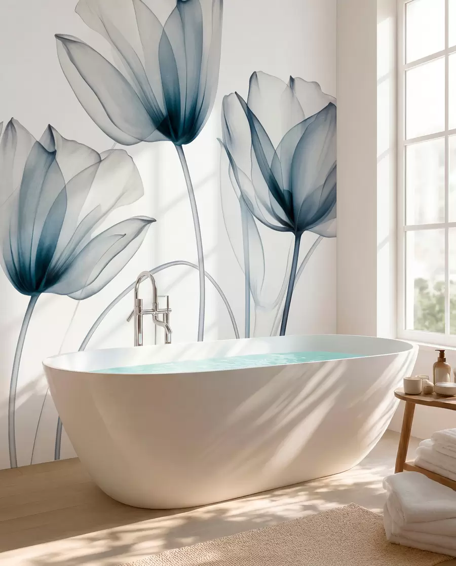 Fototapete Durchscheinende blaue und weiße Tulpenblüten mit langen Stielen vor hellem Hintergrund, zarte und strukturierte Blumenkunst w09538