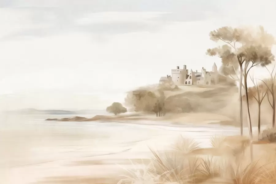 Fototapete Landschaft mit einer Burg auf einem Hügel in Meeresnähe, Sandstrand im Vordergrund, gedämpfte Farben, strukturierte Kunst w09540