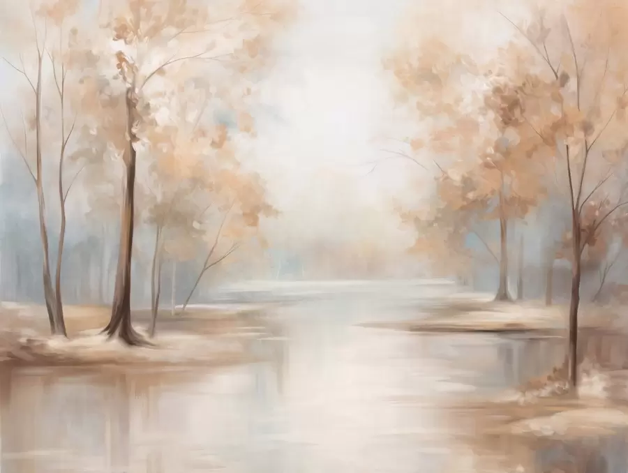 Fototapete Herbstliche Landschaft mit Bäumen und einem Fluss, sanfte Farben, helle und luftige Atmosphäre, friedliche und ruhige Szene w09541