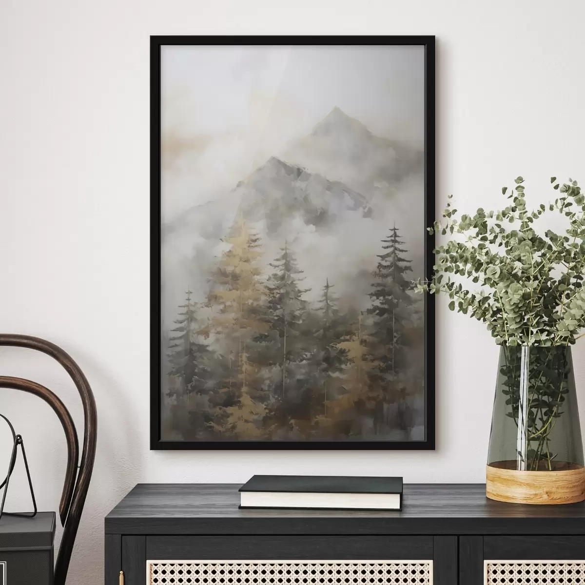 Poster Wald vor dem Hintergrund von Bergen, Imitation einer Malerei f46670