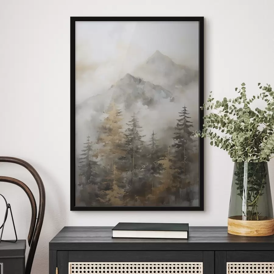 Fototapete Wald vor dem Hintergrund von Bergen, Imitation einer Malerei f46670