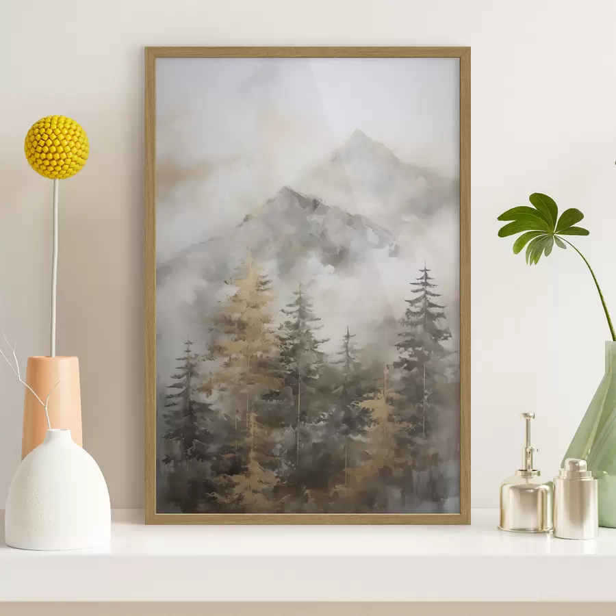 Fototapete Wald vor dem Hintergrund von Bergen, Imitation einer Malerei f46670