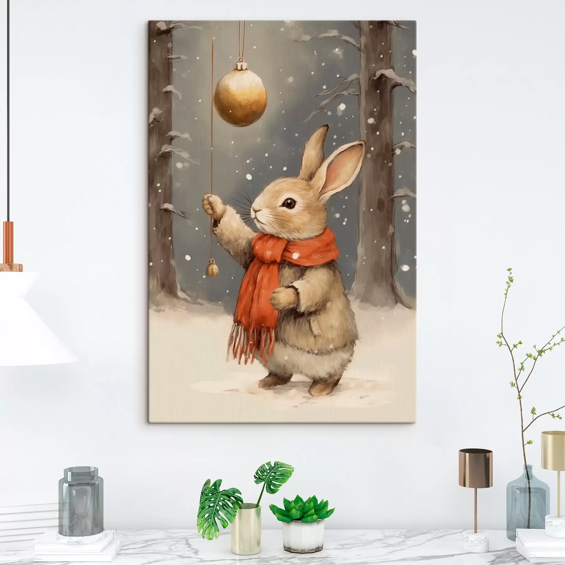 Fototapete Winterhase mit Schal und Weihnachtsbaumkugel s46619