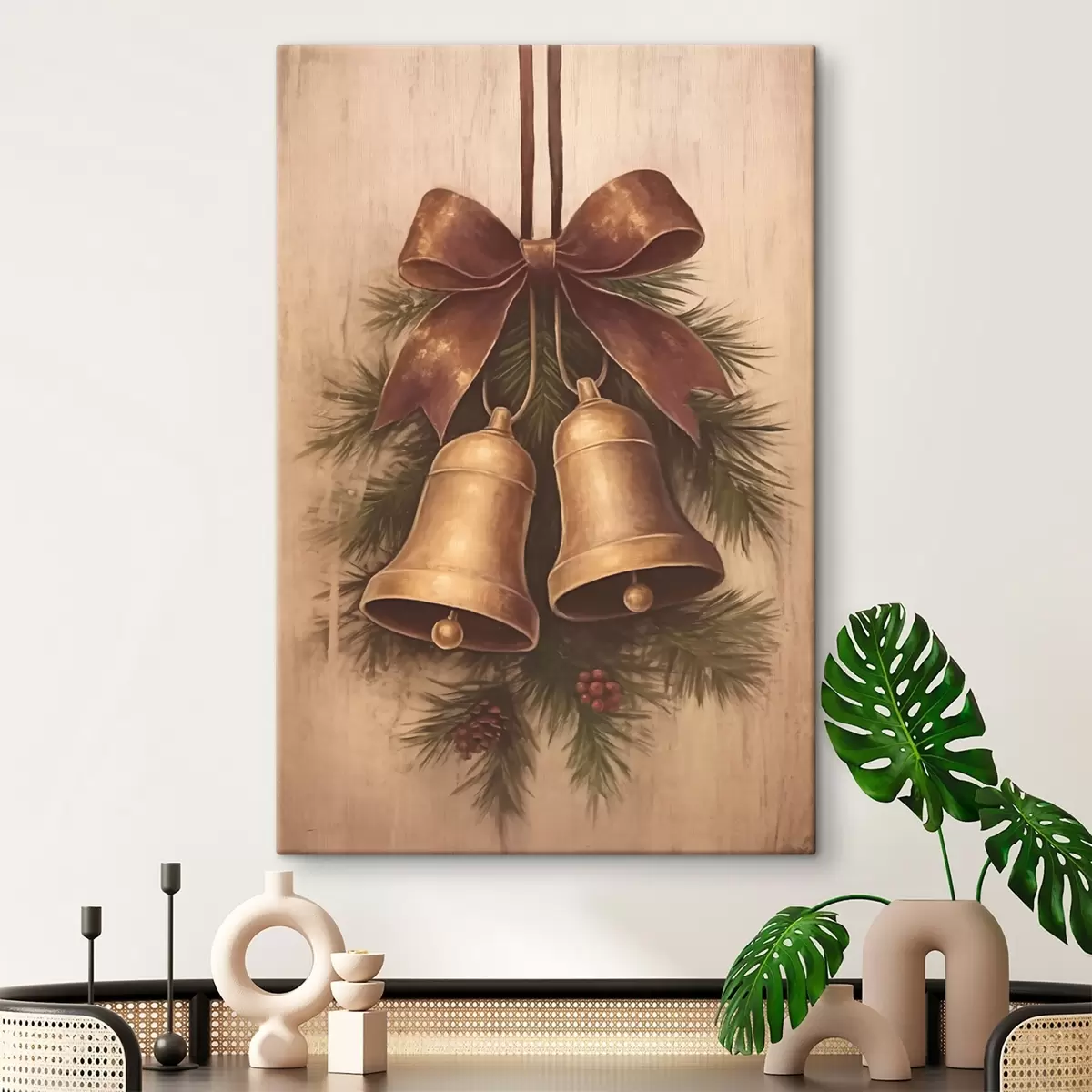 Fototapete Vintage-Weihnachtsdekoration mit zwei Glocken und einer Schleife s46626