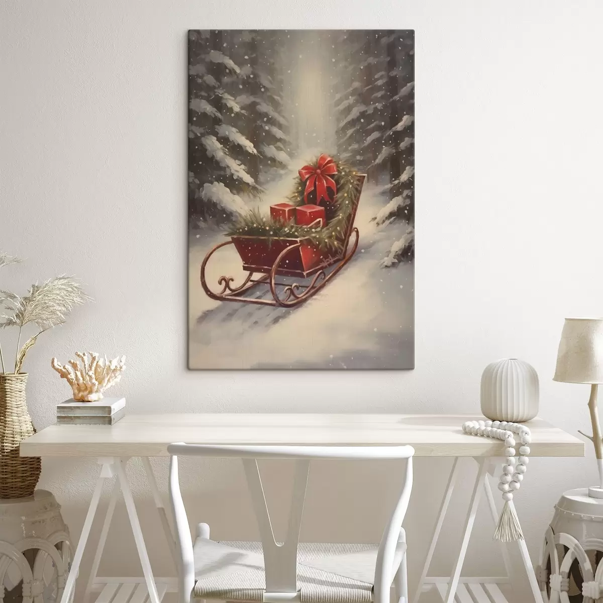 Fototapete Weihnachtsschlitten mit Geschenken in einem verschneiten Wald s46630