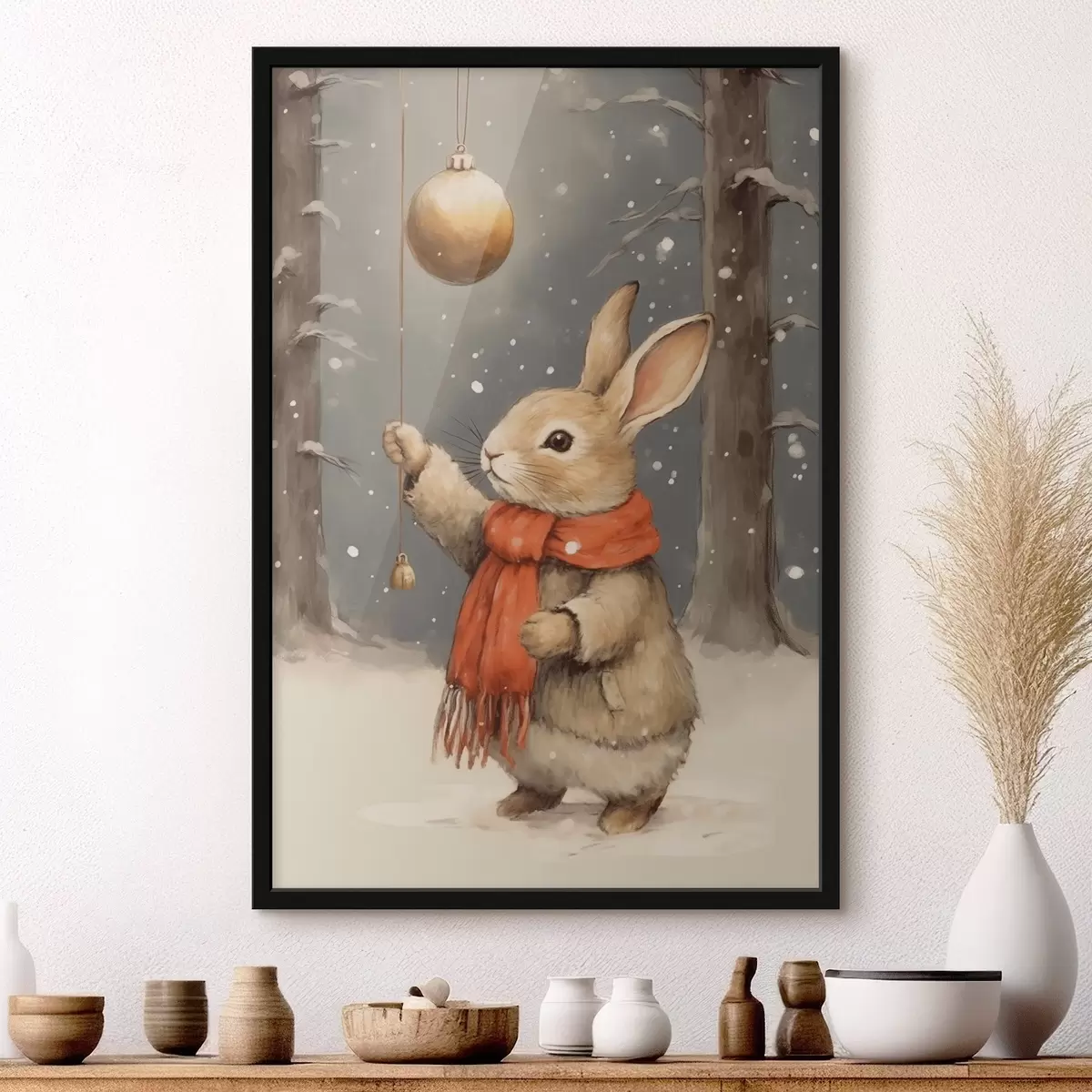 Poster Winterhase mit Schal und Weihnachtsbaumkugel f46619