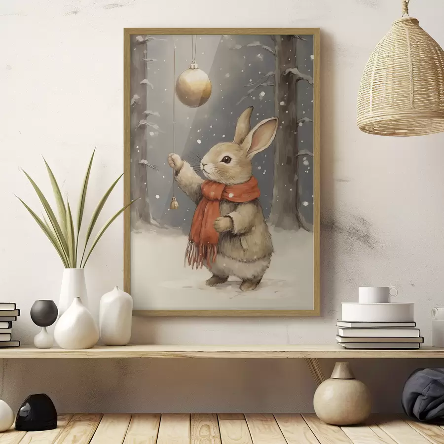 Fototapete Winterhase mit Schal und Weihnachtsbaumkugel f46619
