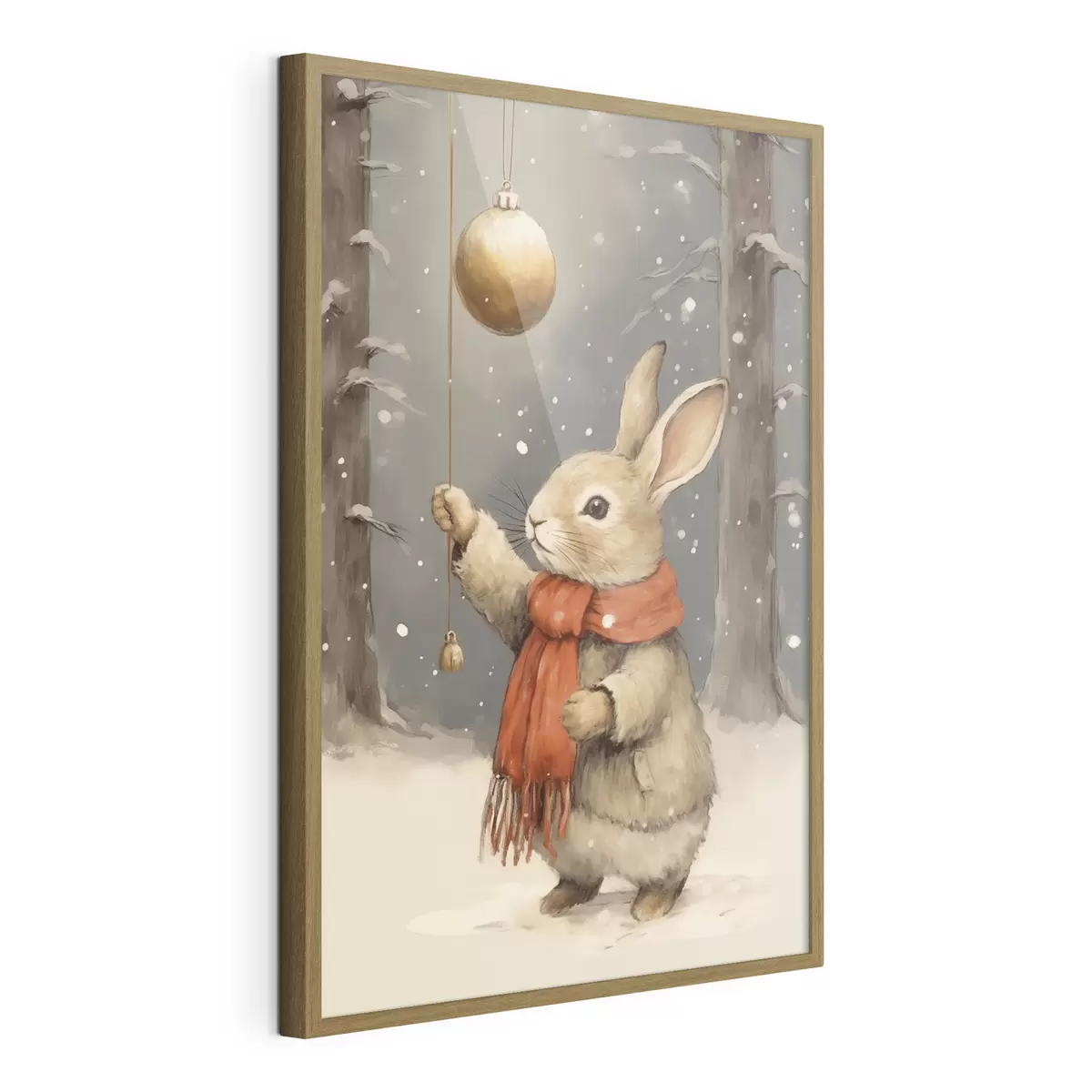 Poster Winterhase mit Schal und Weihnachtsbaumkugel f46619