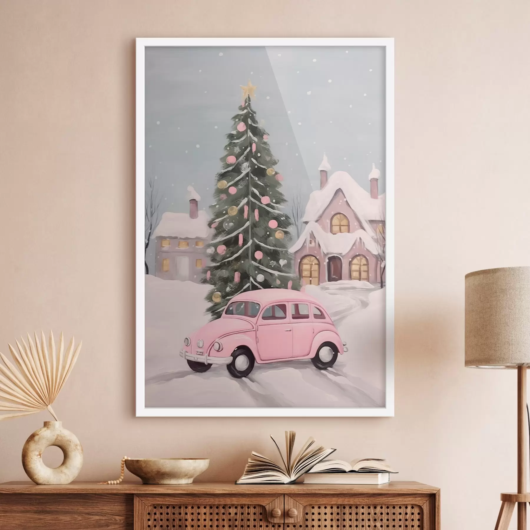 Fototapete Rosa Auto und geschmückter Weihnachtsbaum vor dem Haus f46621