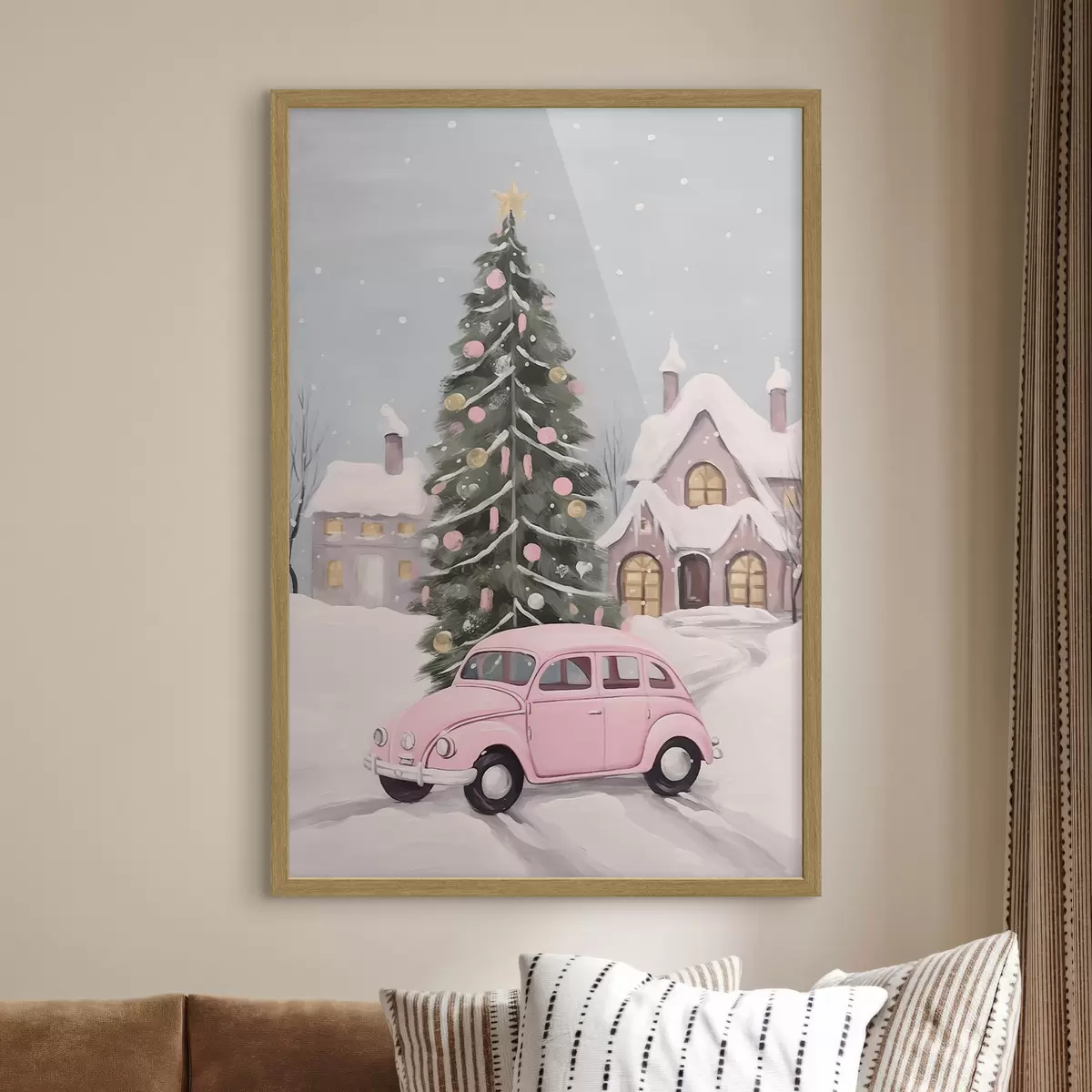 Poster Rosa Auto und geschmückter Weihnachtsbaum vor dem Haus f46621