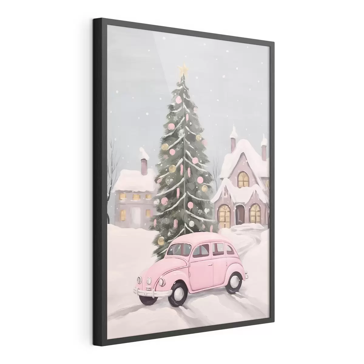 Poster Rosa Auto und geschmückter Weihnachtsbaum vor dem Haus f46621