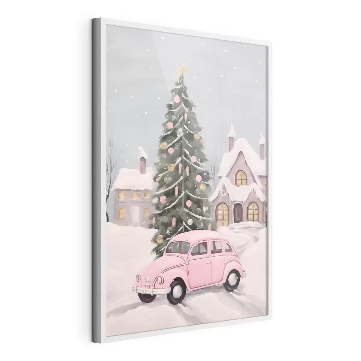 Poster Rosa Auto und geschmückter Weihnachtsbaum vor dem Haus f46621