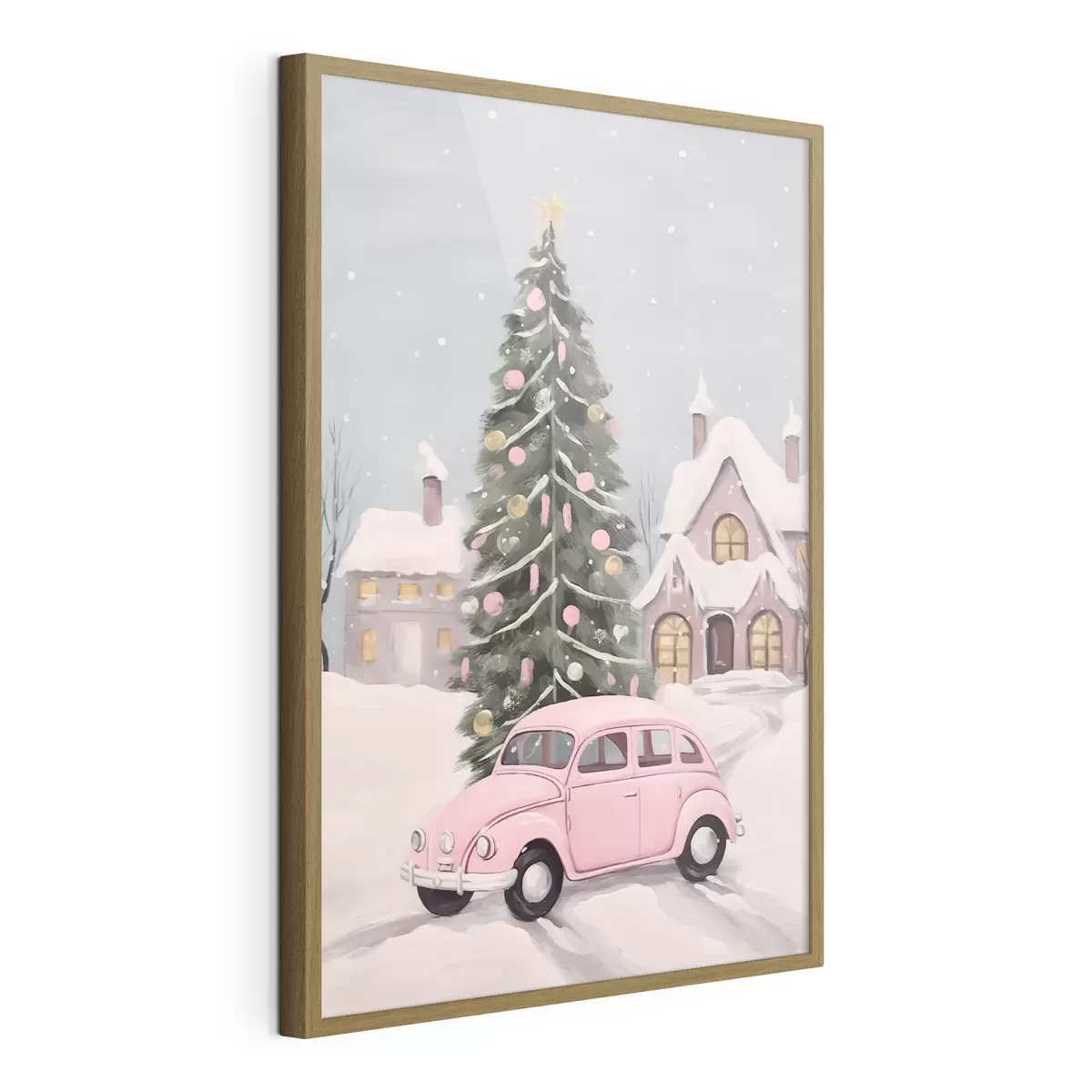 Poster Rosa Auto und geschmückter Weihnachtsbaum vor dem Haus f46621