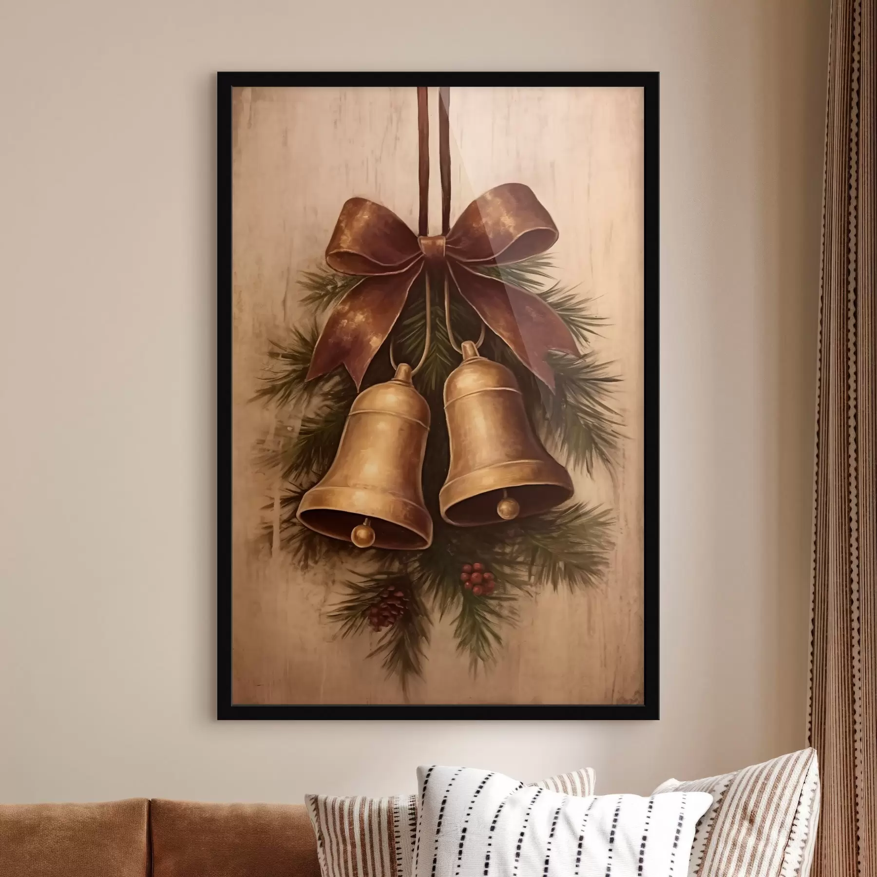 Fototapete Vintage-Weihnachtsdekoration mit zwei Glocken und einer Schleife f46626
