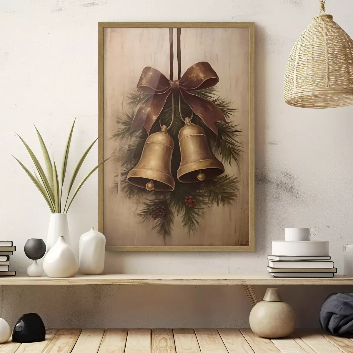 Poster Vintage-Weihnachtsdekoration mit zwei Glocken und einer Schleife f46626