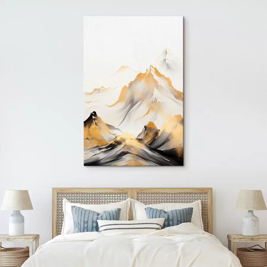 Fototapete Strukturierte gelbe und schwarze Berge mit schneebedeckten Gipfeln, Tuschemalerei-Stil, minimalistische Bergkette s46683