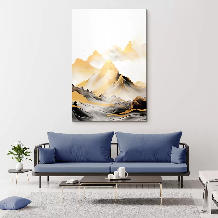 Fototapete Strukturierte gelbe und schwarze Berge mit schneebedeckten Gipfeln, Tuschemalerei-Stil, minimalistische Bergkette s46684