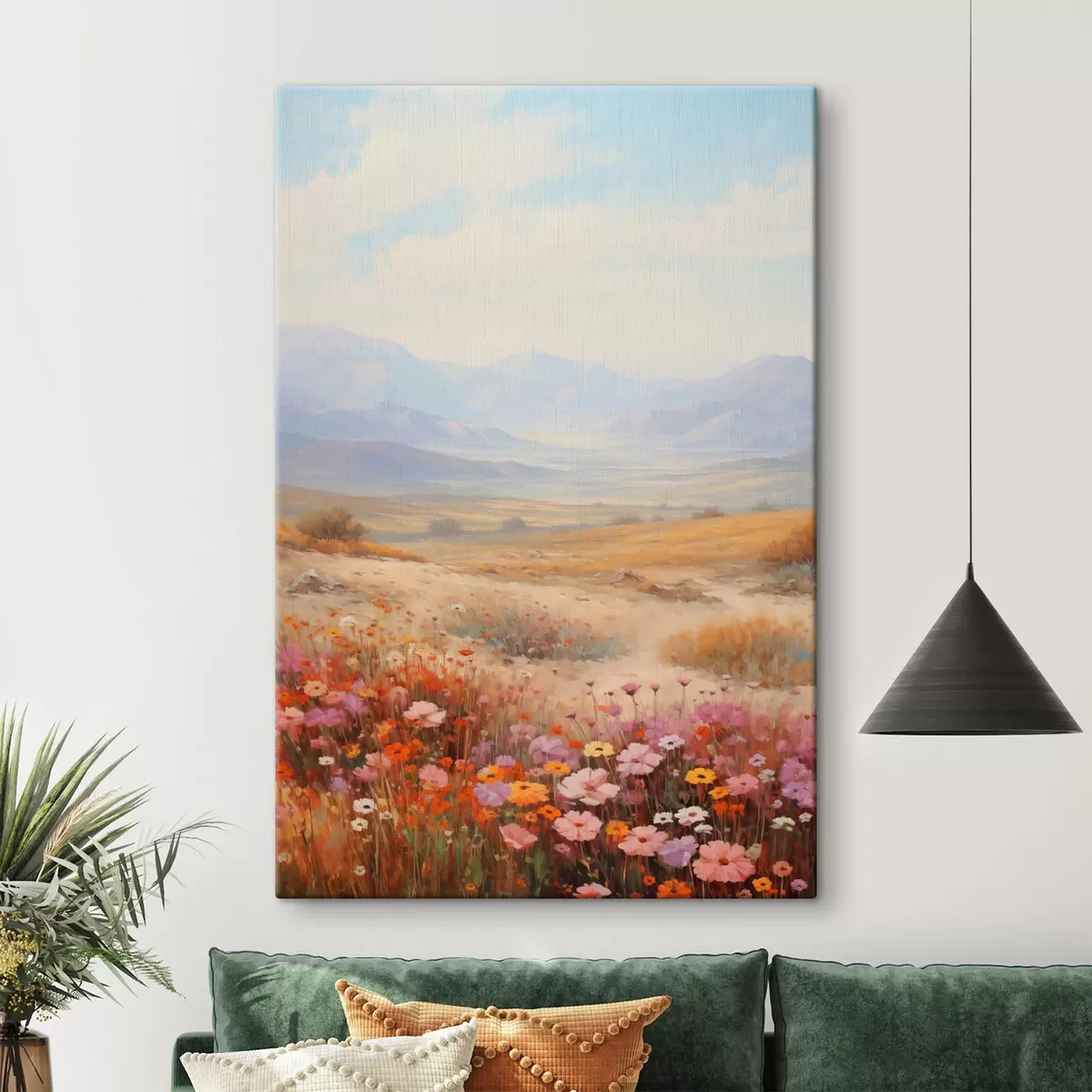 Fototapete Landschaft, ein Feld voller bunter Blumen mit Bergen im Hintergrund, sanfte Pastellfarben s46685
