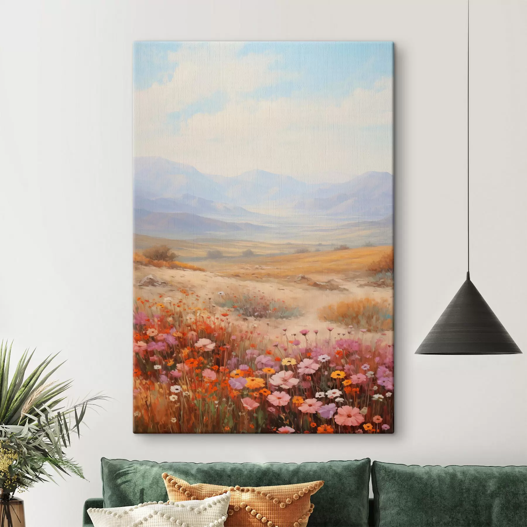 Fototapete Landschaft, ein Feld voller bunter Blumen mit Bergen im Hintergrund, sanfte Pastellfarben s46685