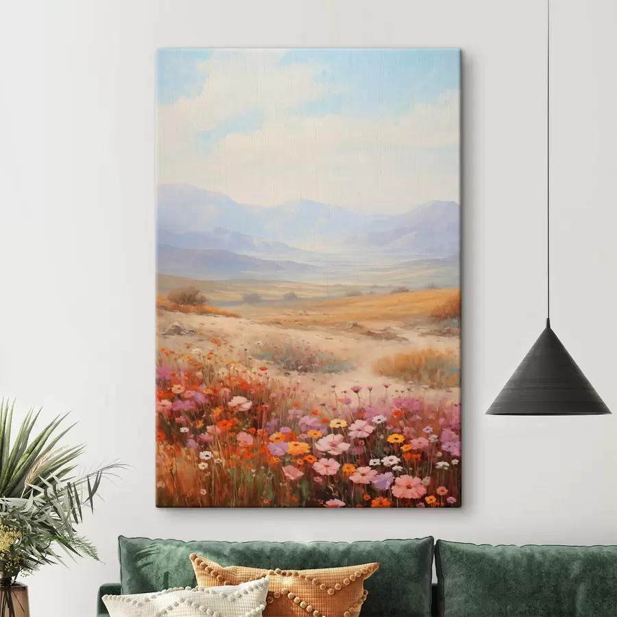 Fototapete Landschaft, ein Feld voller bunter Blumen mit Bergen im Hintergrund, sanfte Pastellfarben s46685