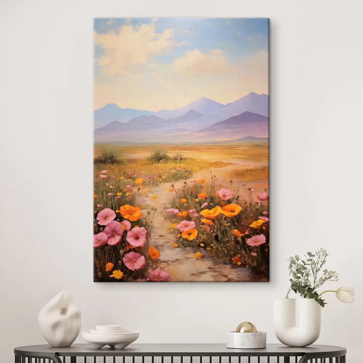 Fototapete Landschaft, ein Feld voller bunter Blumen mit Bergen im Hintergrund, sanfte Pastellfarben s46686