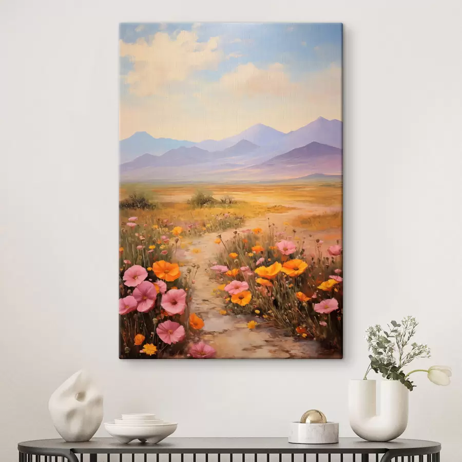 Fototapete Landschaft, ein Feld voller bunter Blumen mit Bergen im Hintergrund, sanfte Pastellfarben s46686