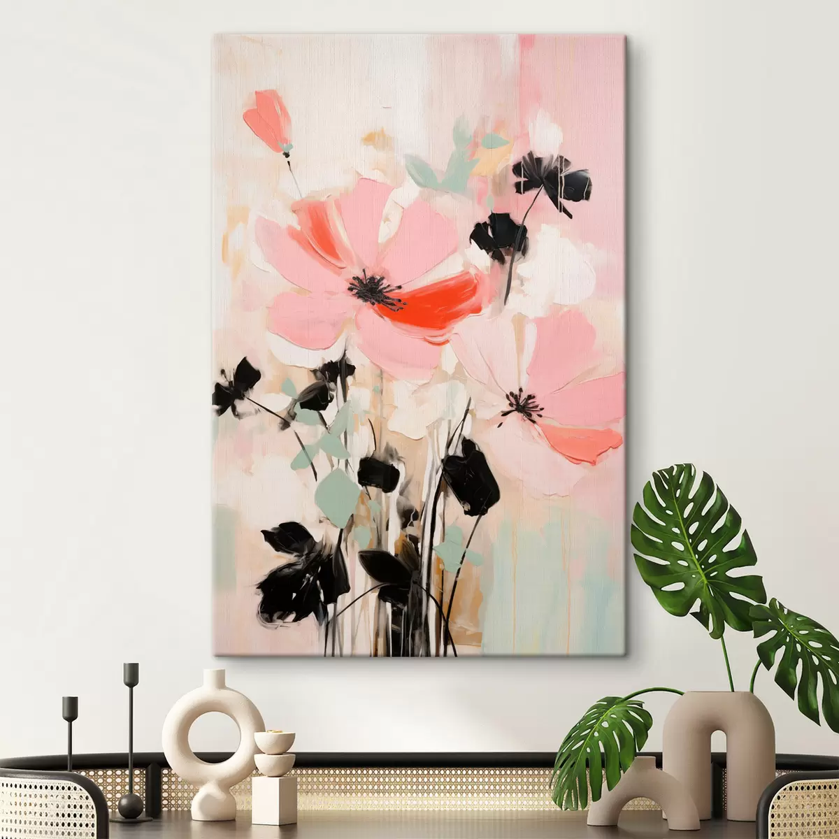 Fototapete Rosa und schwarze Blumen mit Blättern, sanfte Pastellfarben, abstraktes Blumenarrangement, minimalistische Kunst s46687
