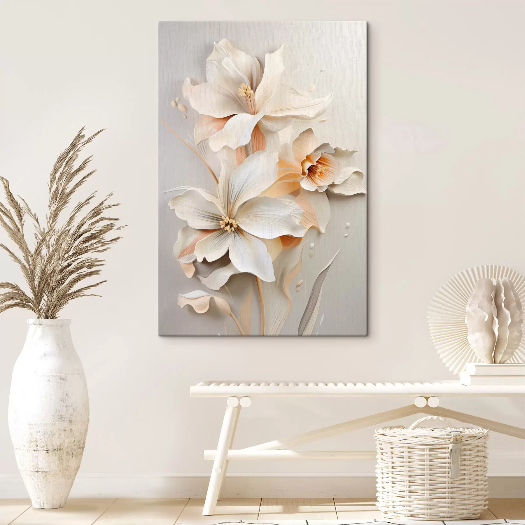 Fototapete Weiße Blumen, Blütenblätter mit sanften Schatten, hellbeiger Hintergrund, elegante Komposition, minimalistischer Stil s46699