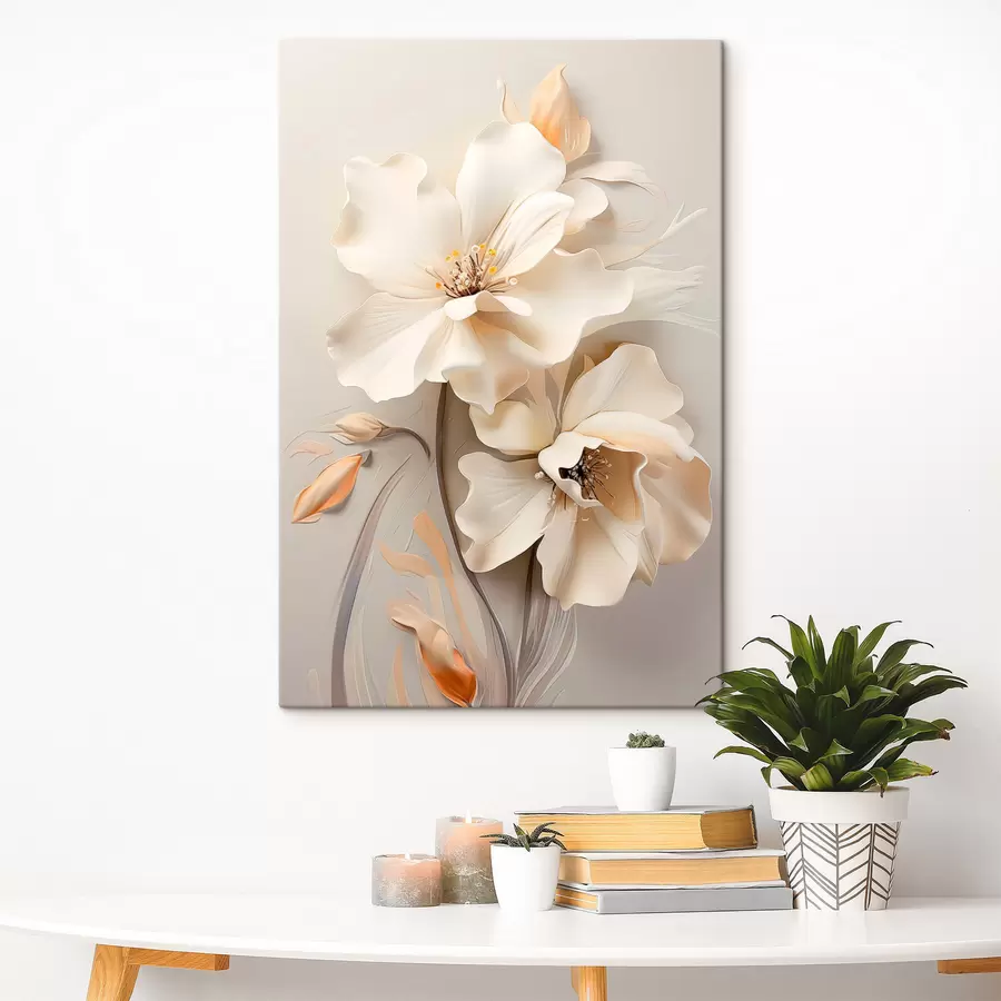 Fototapete Weiße Blumen, Blütenblätter mit sanften Schatten, hellbeiger Hintergrund, elegante Komposition, minimalistischer Stil s46700