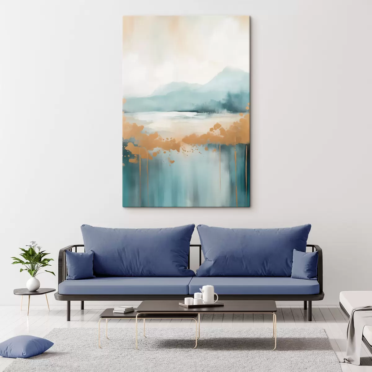 Fototapete Abstrakte Landschaft mit Bergen und See in Blaugrün und strukturiertem Gelb, weiche Pinselstriche, minimalistisches Kunstwerk s46703