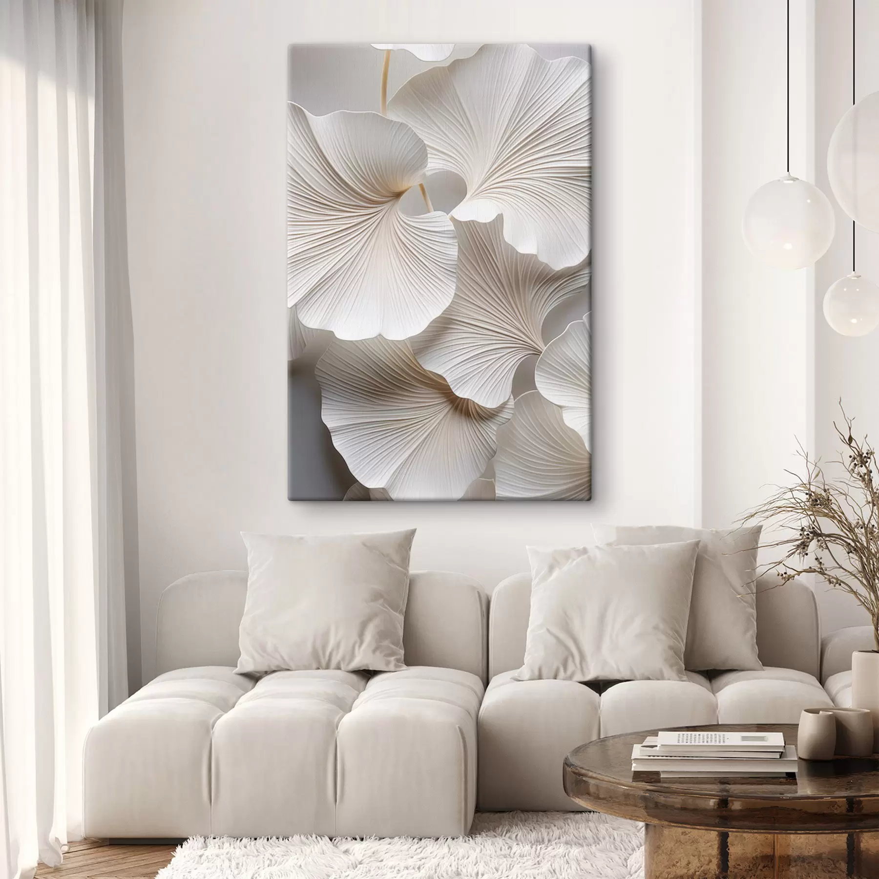Fototapete Weiße Ginkgo-Biloba-Blätter mit detaillierten Adern, sanfter Beleuchtung, strukturiertem, elegantem und minimalistischem Design s46705