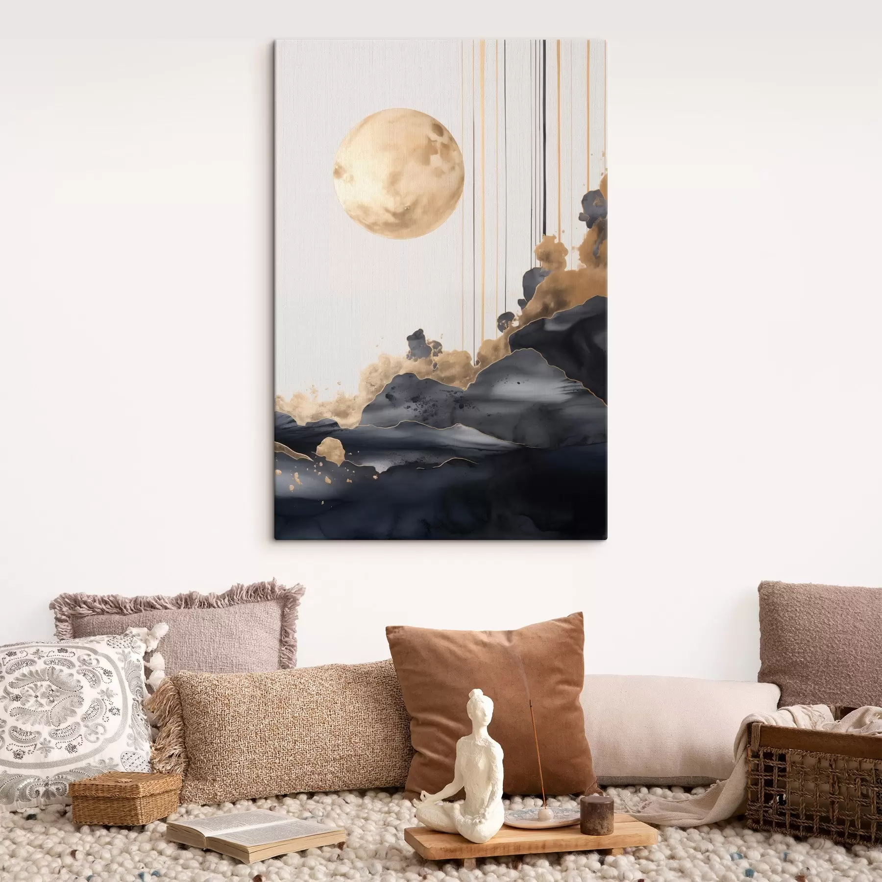 Fototapete Vollmond mit schwarzen und strukturierten gelben Wolken, vertikalen Linien, abstrakter Stil, minimalistisch und modern s46707