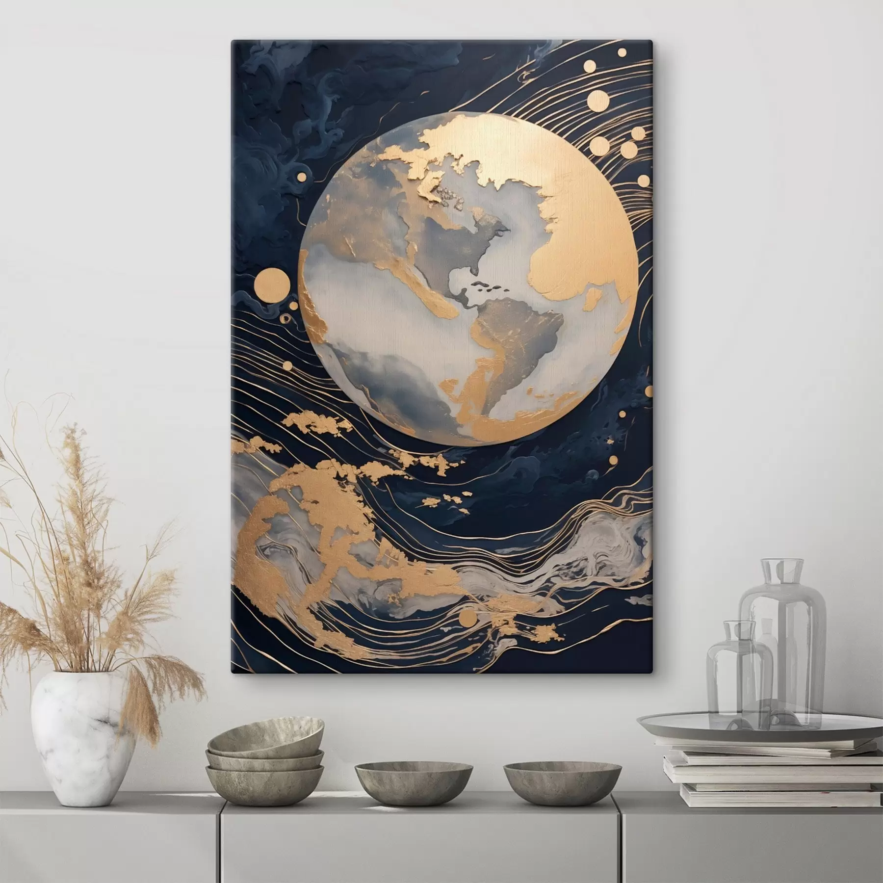 Fototapete Strukturierter dekorativer Planet mit gelben Linien im Hintergrund, gelben Punkten im Hintergrund, dunklem Hintergrund s46708