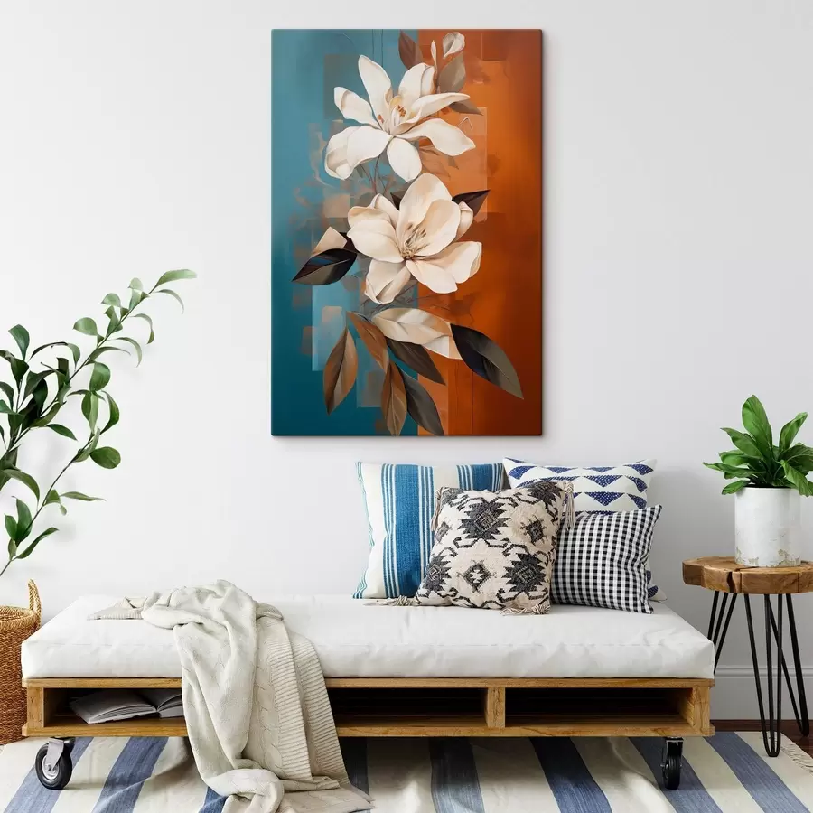 Fototapete Abstrakte weiße Blumen und Blätter vor einem Hintergrund aus Braun und Blau mit abstrakten Formen, in minimalistischem Stil s46710