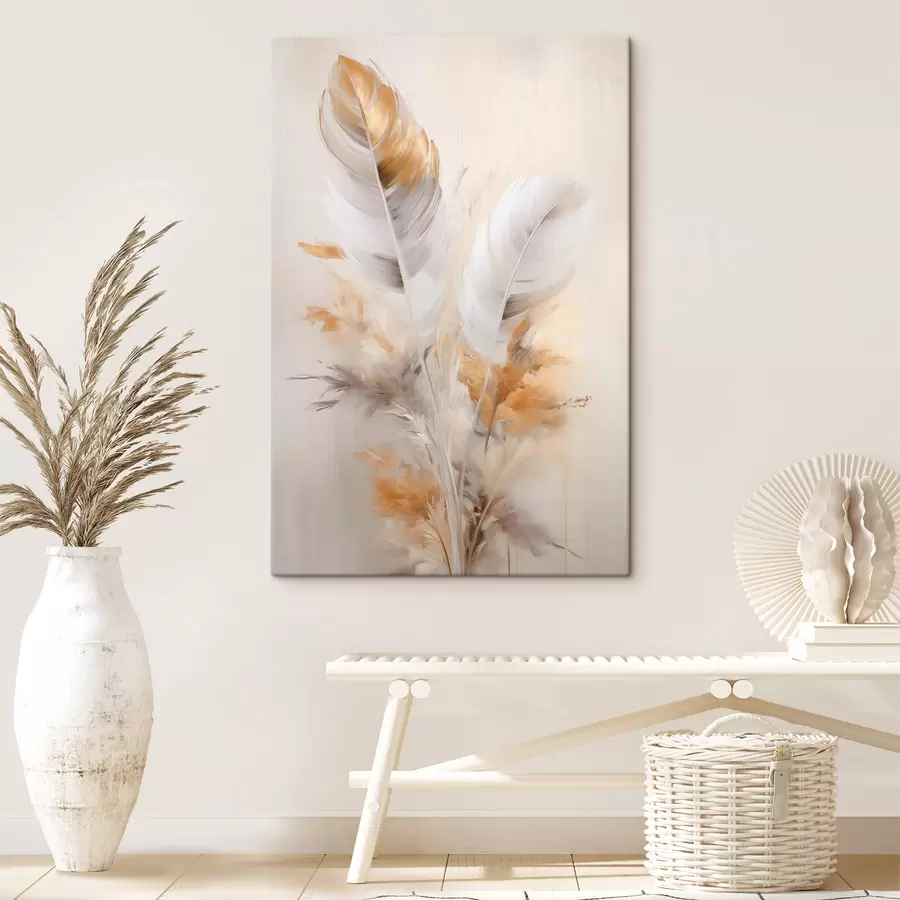 Fototapete Abstrakte Federn, umgeben von beigen und braunen Federn, weich und zart, auf hellbeigem Hintergrund s46711