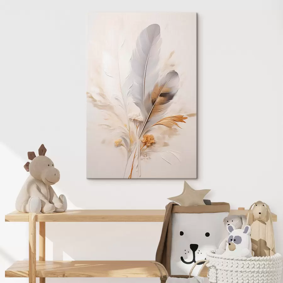 Fototapete Abstrakte Federn, umgeben von beigen und braunen Federn, weich und zart, auf hellbeigem Hintergrund s46712