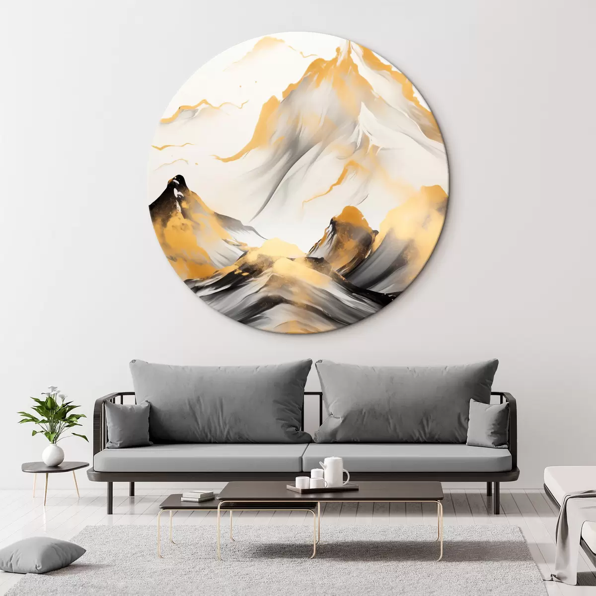 Runde Wandbilder Strukturierte gelbe und schwarze Berge mit schneebedeckten Gipfeln, Tuschemalerei-Stil, minimalistische Bergkette r46683