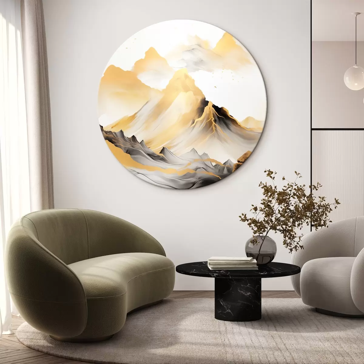 Runde Wandbilder Strukturierte gelbe und schwarze Berge mit schneebedeckten Gipfeln, Tuschemalerei-Stil, minimalistische Bergkette r46684