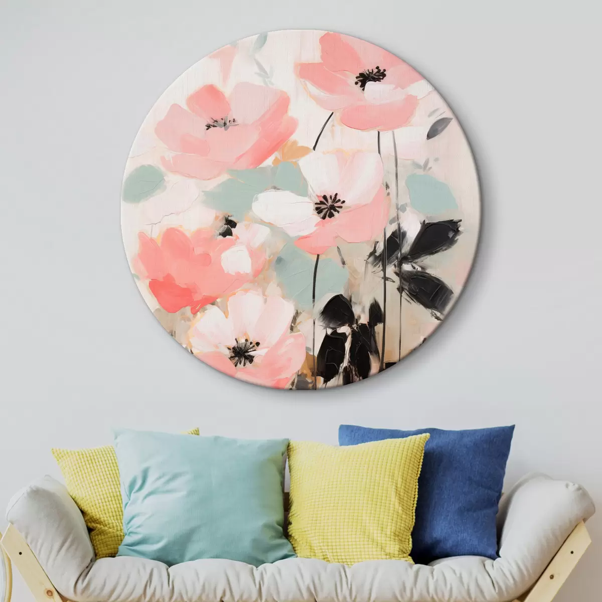 Runde Wandbilder Rosa und schwarze Blumen mit Blättern, sanfte Pastellfarben, abstraktes Blumenarrangement, minimalistische Kunst r46688