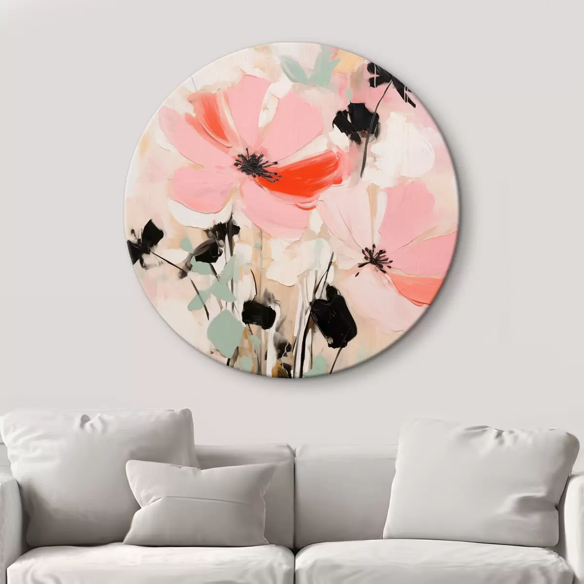 Runde Wandbilder Rosa und schwarze Blumen mit Blättern, sanfte Pastellfarben, abstraktes Blumenarrangement, minimalistische Kunst r46687