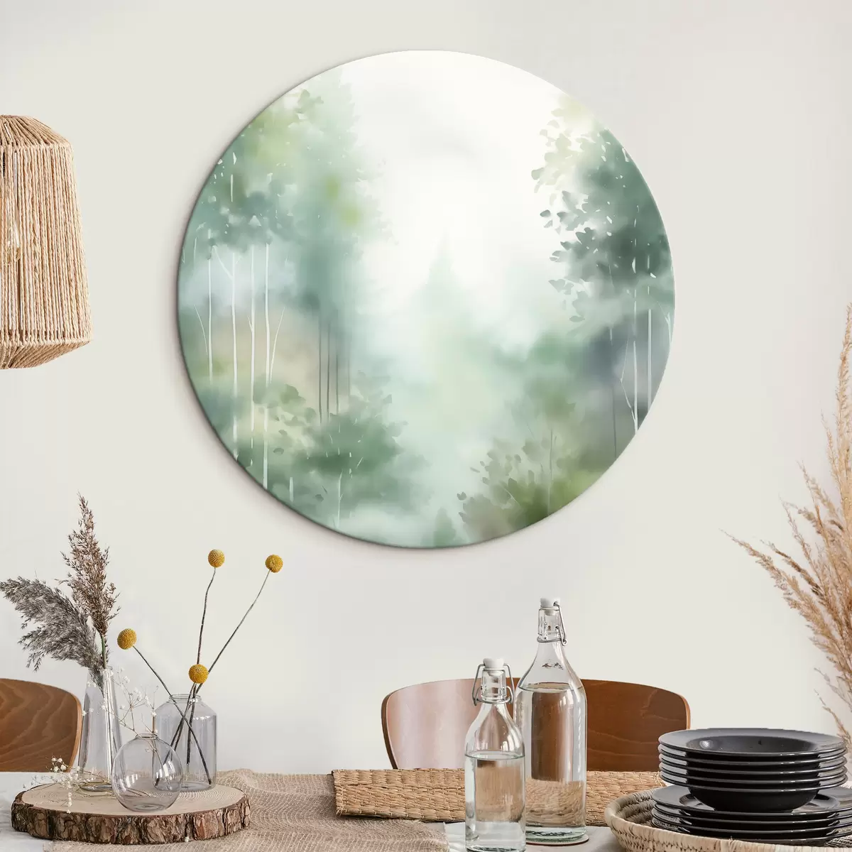 Runde Wandbilder Aquarellmalerei, die einen abstrakten Wald mit hohen Bäumen und grünem Laub imitiert, in sanften, gedämpften Farben r46689