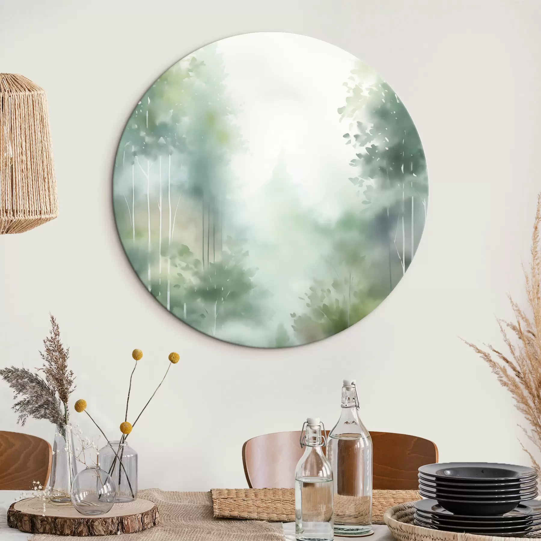 Fototapete Aquarellmalerei, die einen abstrakten Wald mit hohen Bäumen und grünem Laub imitiert, in sanften, gedämpften Farben r46689