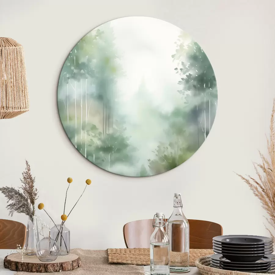 Fototapete Aquarellmalerei, die einen abstrakten Wald mit hohen Bäumen und grünem Laub imitiert, in sanften, gedämpften Farben r46689