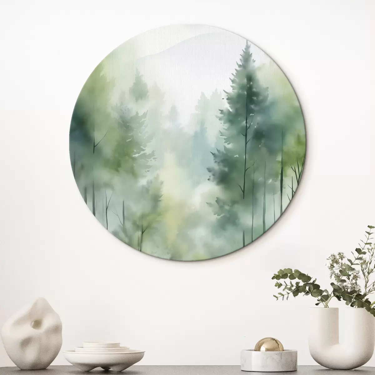 Runde Wandbilder Aquarellmalerei, die einen nebligen Wald mit hohen Kiefern und Bergen im Hintergrund darstellt r46690