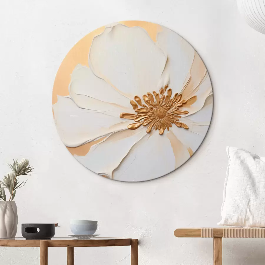 Fototapete Weiße Blume mit zarten Blütenblättern, imitiert durch dicke Pinselstriche, auf einem hellorangen, strukturierten Hintergrund. r46691