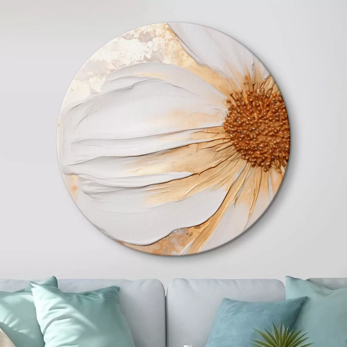 Runde Wandbilder Eine weiße Blume mit zarten Blütenblättern, strukturiertem abstrakten Hintergrund, elegant, dekorative Kunst r46692