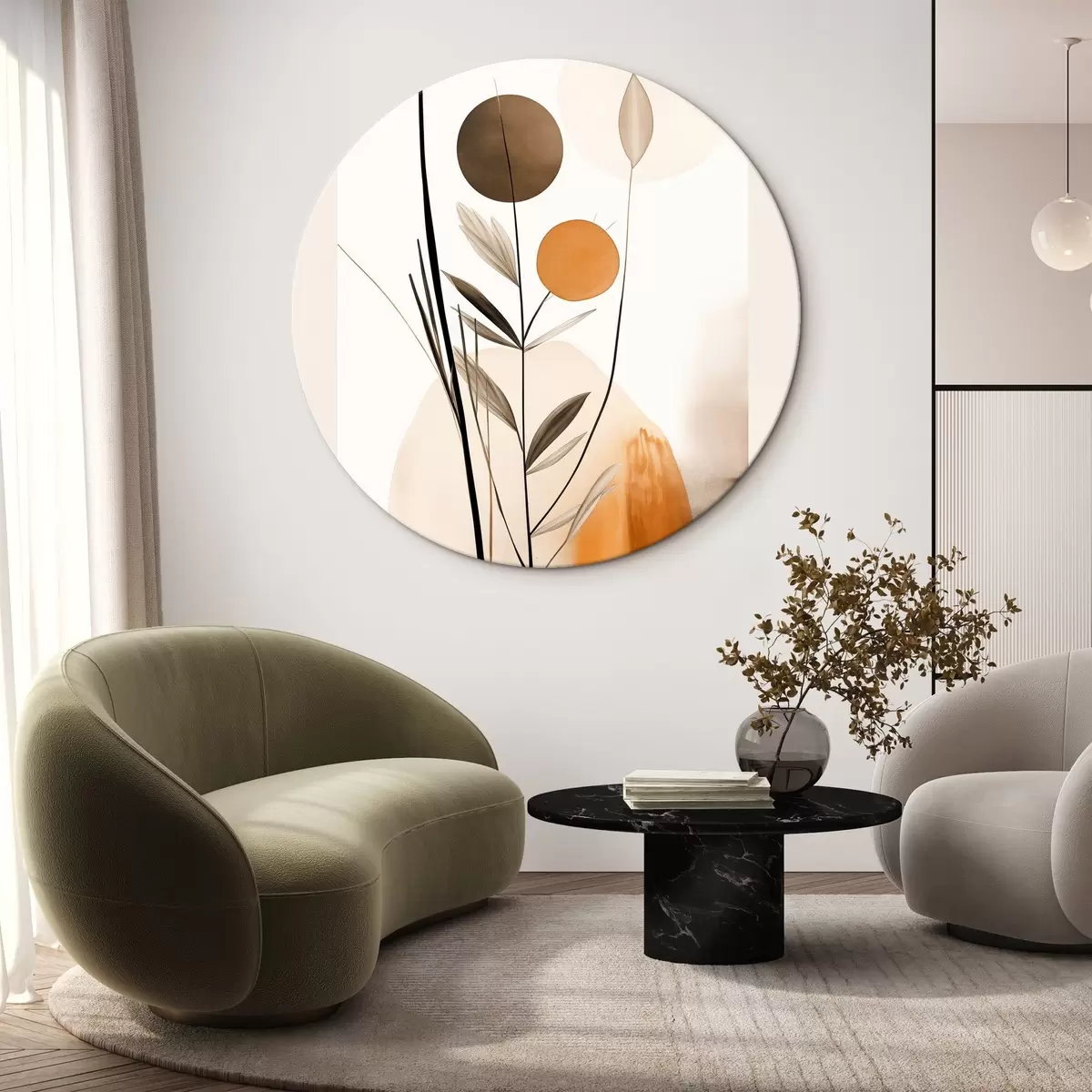 Runde Wandbilder Abstrakte Malerei-Imitation mit orangefarbenen und grauen Kreisen, Blättern und Zweigen, moderner Stil, Aquarelleffekt r46698