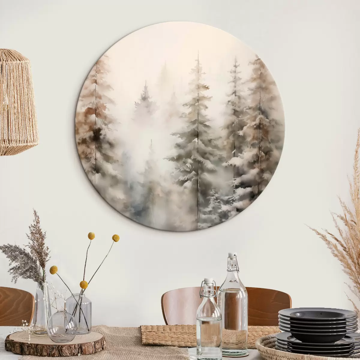 Runde Wandbilder Hohe, schneebedeckte Kiefern stehen in einem nebligen Wald, eine sanfte, gedämpfte Winterszene. r46701